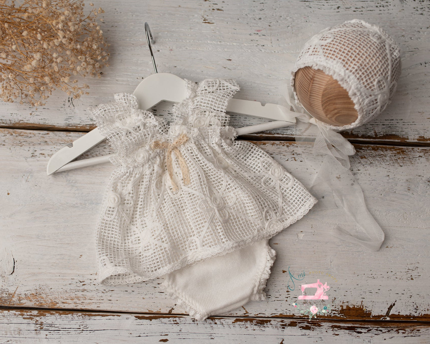 DAISY - set dress, panties and bonnet nb